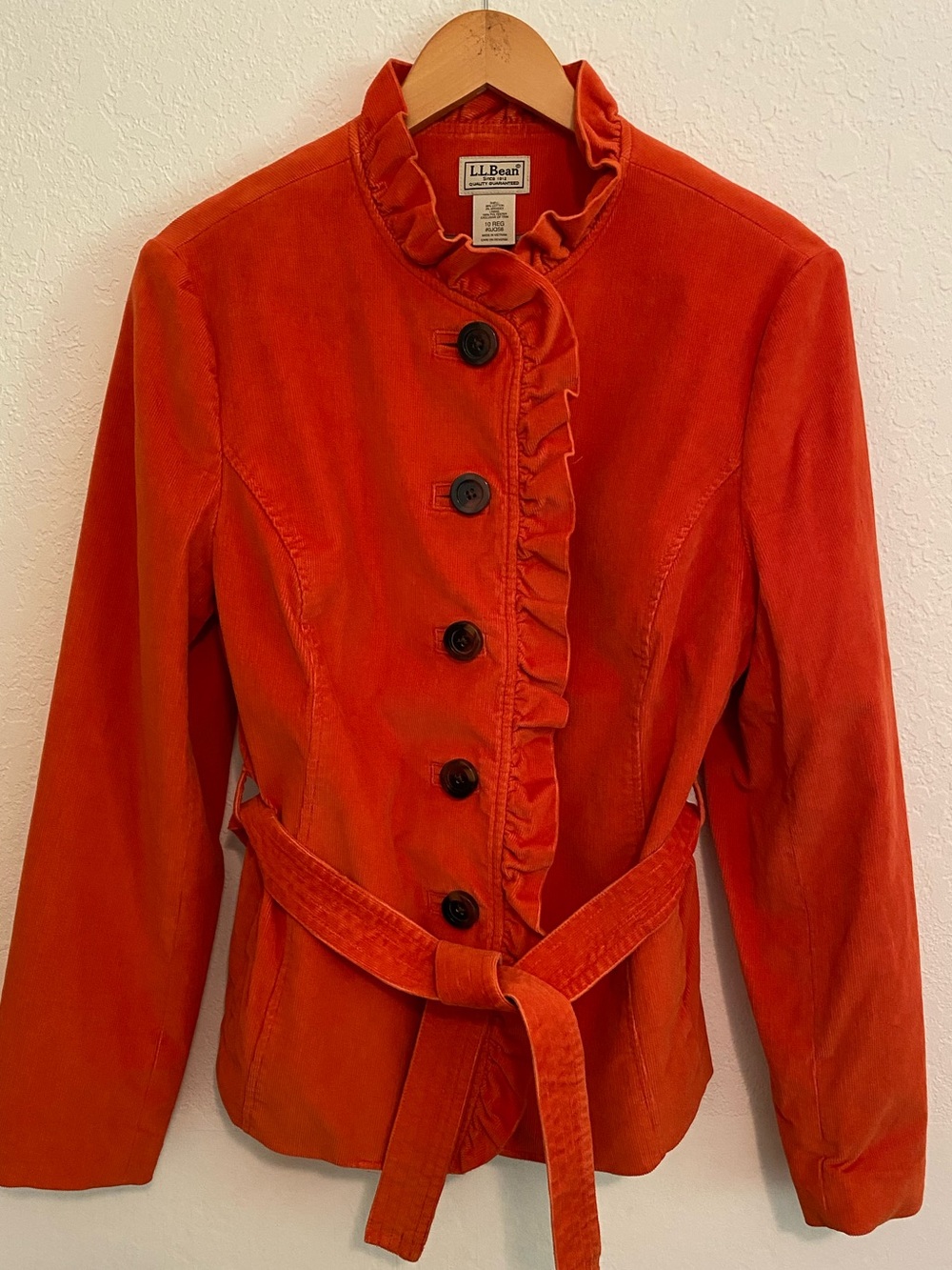 L.L. Bean Vintage Orange Ruffled Stretch Corduroy Belted Jacket Blazer Size 10